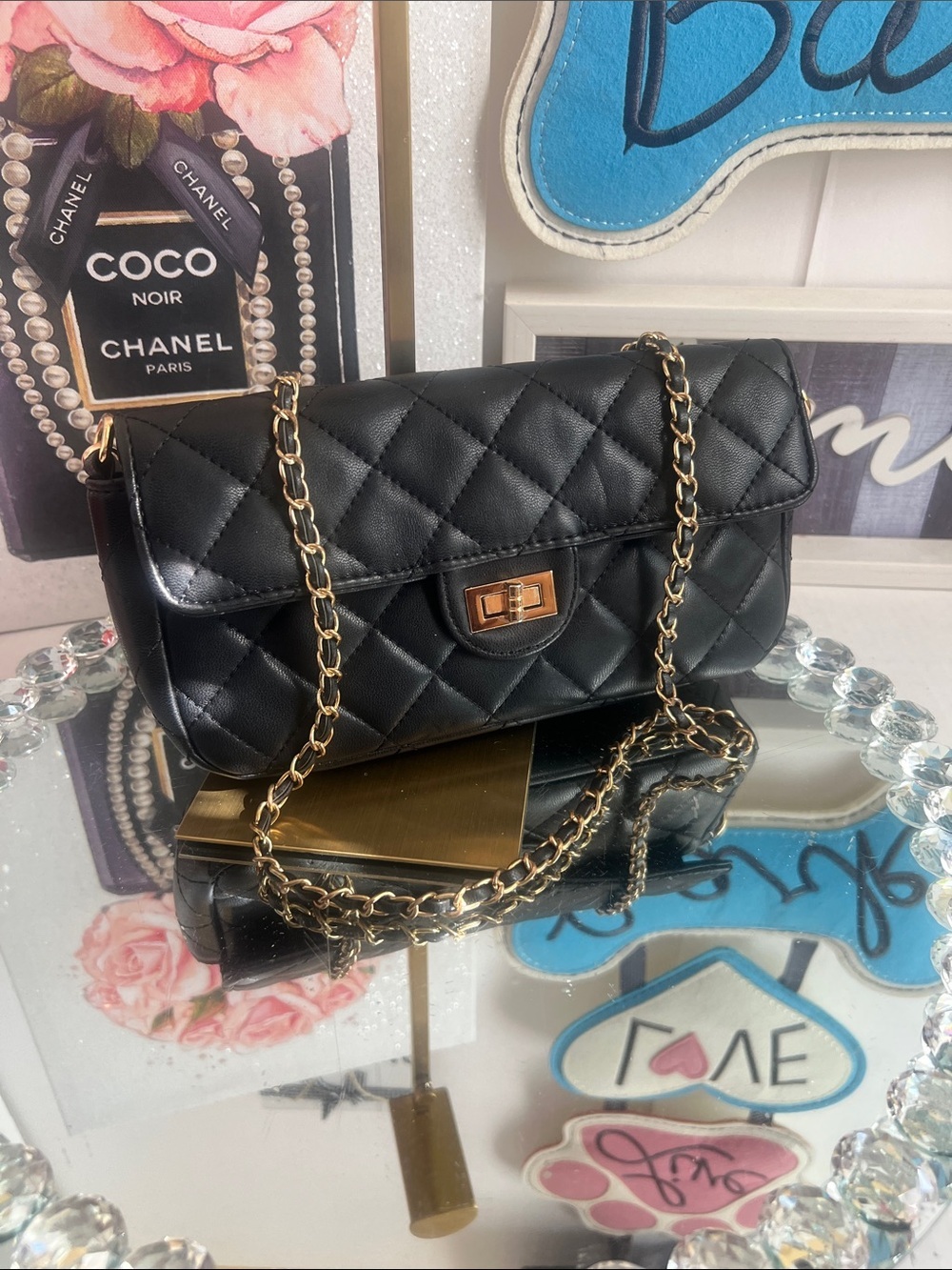 Black Quilted Chain Shoulder Bag with Gold Hardware